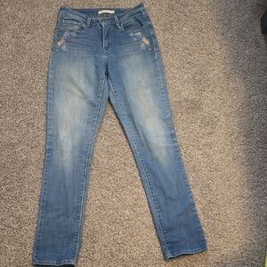 Levis Women's Blue Distressed Jeans With Floral Embroidery